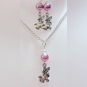 Easter bunny purple choker jewelry chain necklace silver earrings set